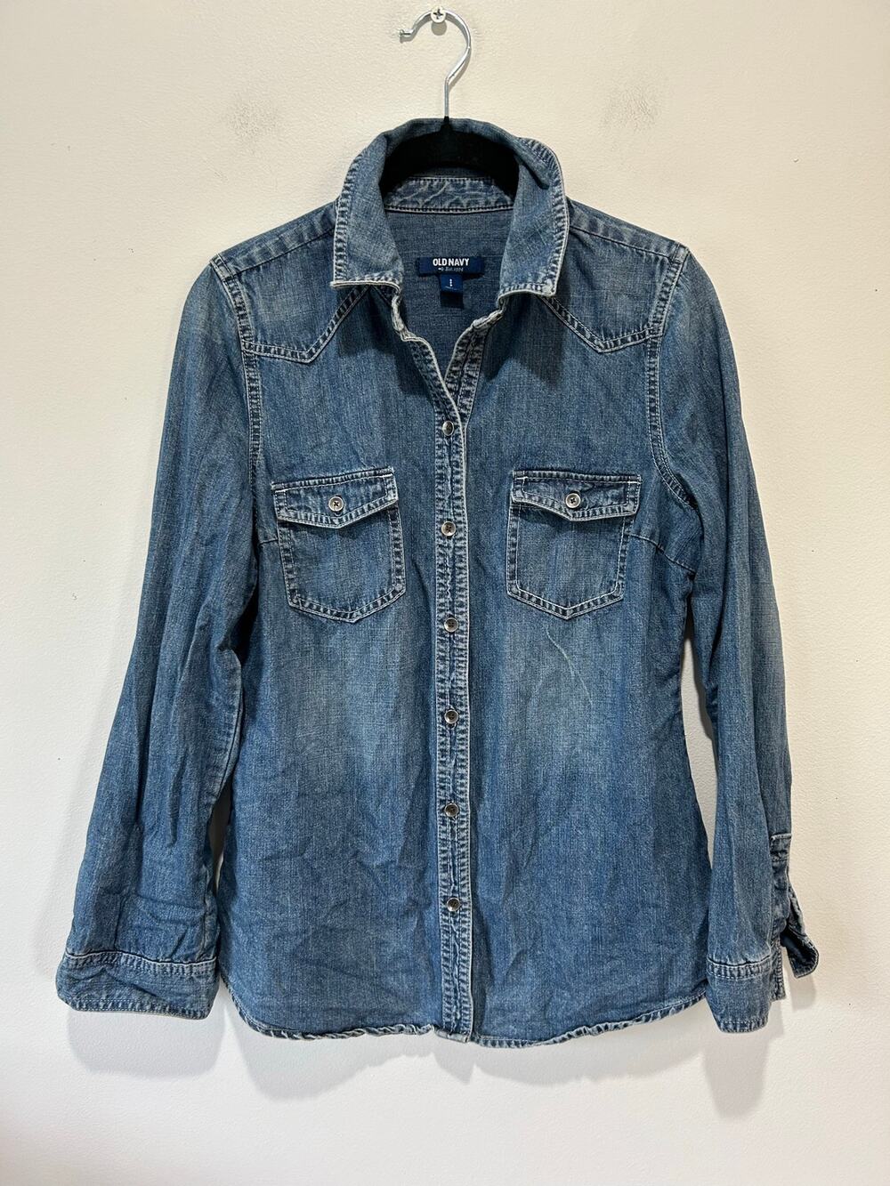 Old Navy dark wash denim button down shirt womens S classic western cowgirl
